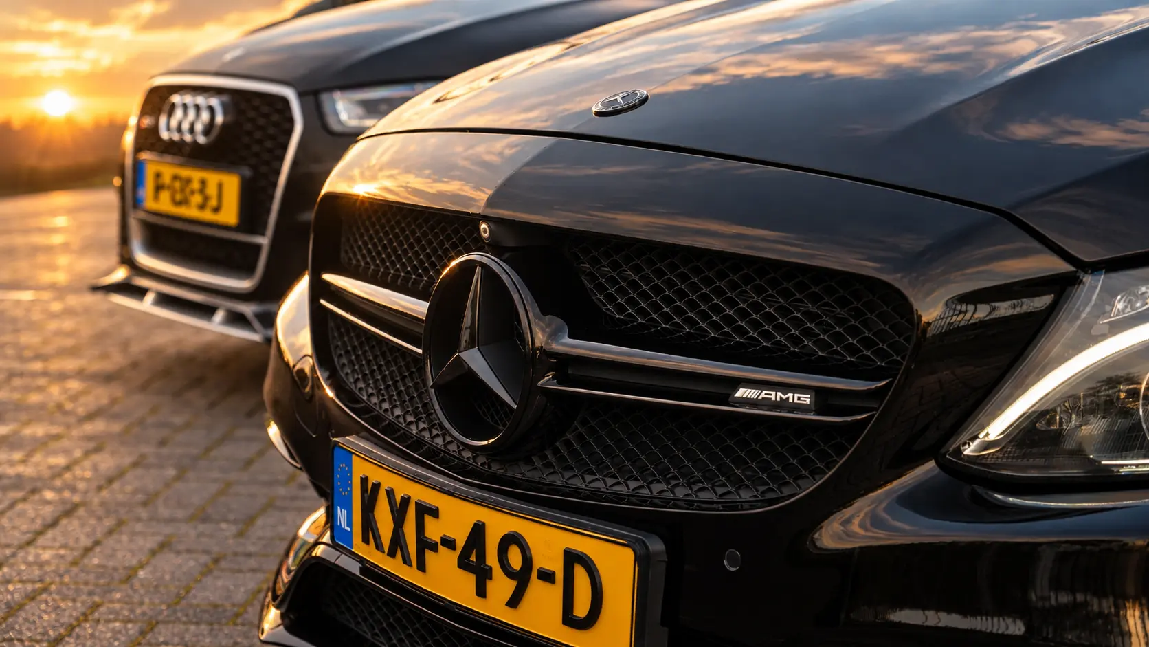 Mercedes-AMG en Audi RS bij zonsondergang voor de showroom van QD AUTO'S